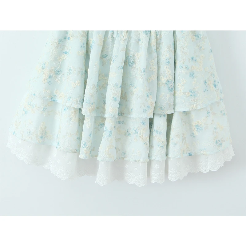 YENKYE Süßes Mädchen Spitze Gespleißt Blumendruck Tank Sommerkleid Frauen Niedrige Taille Rüschensaum A-Linie Minikleid Hübsche Dame Sommerkleid