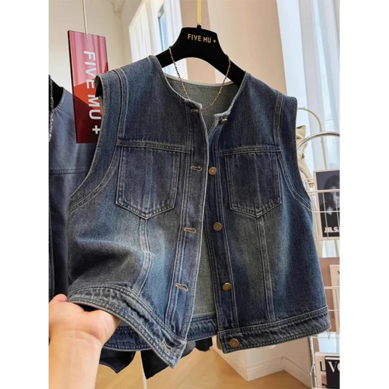 Retro Denim Vest Jacket Women's Spring Autumn New Round Neck Loose Thin Vest Fashion Jeans Top Female Basicos Traf Waistcoat