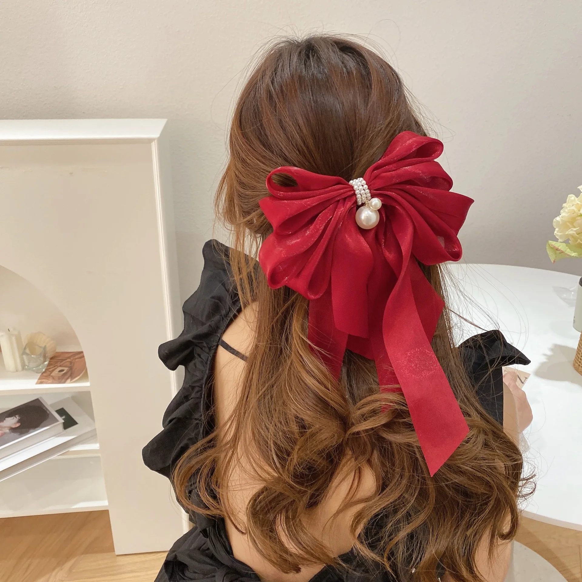 Pinza para el pelo con colgante de perlas para mujer, lazo de Organza grande, accesorio para el cabello, cinta grande, horquilla para la cabeza,