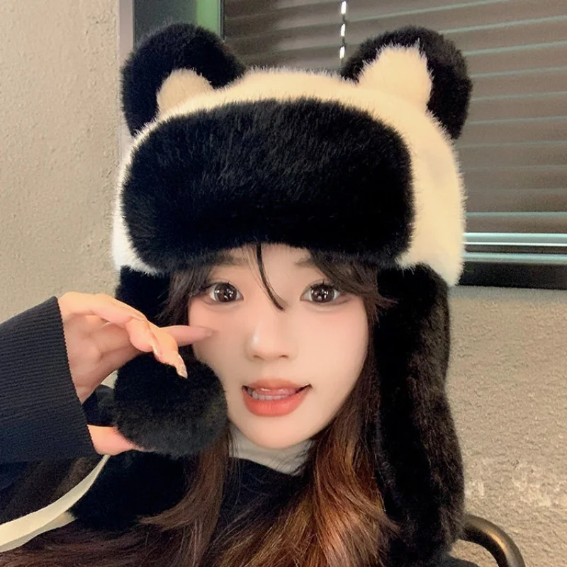 Cute Black & White Panda Thick Plush Winter Hat Warm Ski Cap Outdoor Ear Protection Lei Feng Style Winter Cap