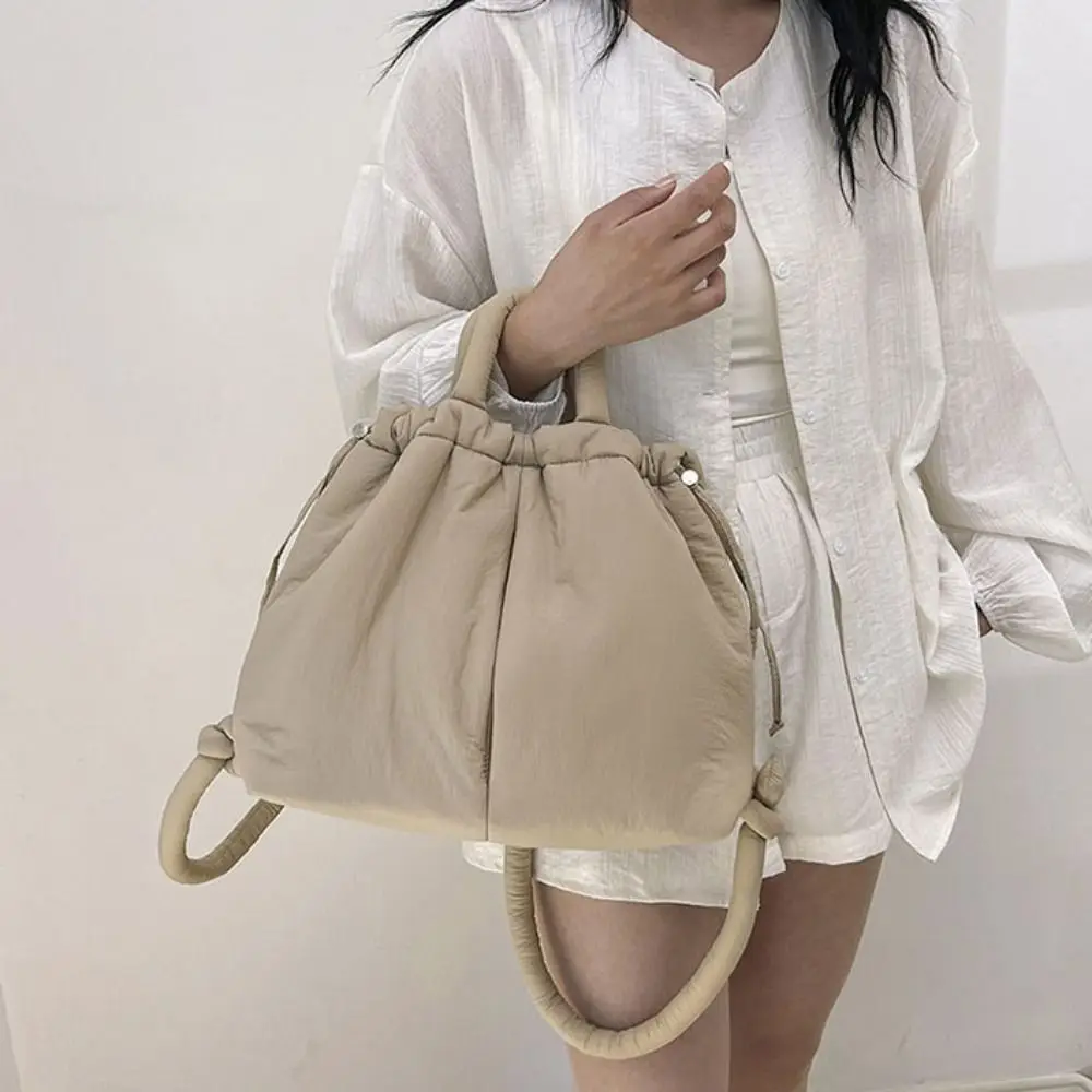 Fashion Solid Color Drawstring Tote Bag Dual-purpose Soft Nylon Padded Tote Bag Lightweight Handbag Drawstring Backpack Beach