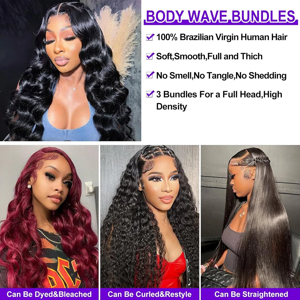 Body Wave Bundles 100% Human Hair Natural Black Color #1B Brazilian Unprocessed Human Hair Bundles Extension For Woman Remy Hair