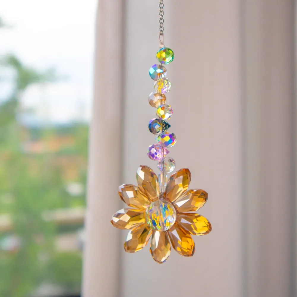 6 Color Glass Crystal Pendant Rainbow Maker Indoor Window Sunflower Sun Catcher Ornament Couple Bag Charms Christmas Gift