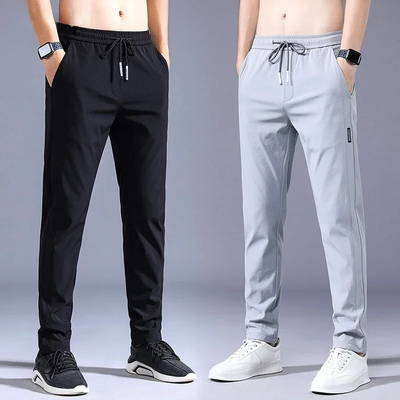 Summer Men\'s Casual Pants Thin Soft Elasticity Lace-up Waist Solid Color Pocket Applique Korea Grey Black Work Trousers Male