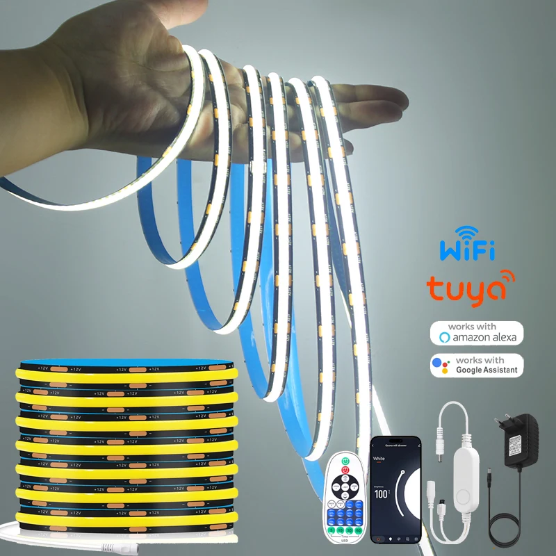 

DC 12 В 24 В COB Strip Черная печатная плата 320 светодиодов/M Подсветка телевизора Домашний декор Набор для ЕС/США/Австралии/Великобритании TUYA WIFI Диммерный светодиодный светильник