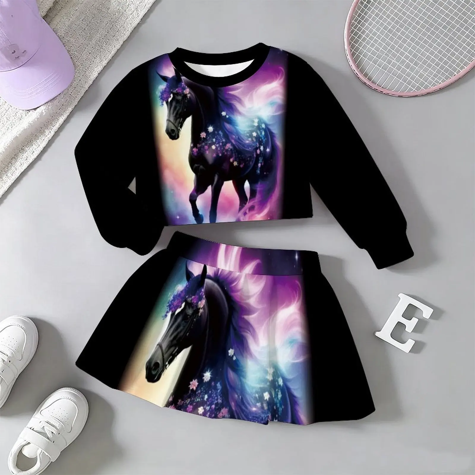 Lovely Kawaii Fairy Style Girls Outfit Long Sleeve Print Top A-line Skirt  Soft Breathable  For Wedding Flower Girl Party