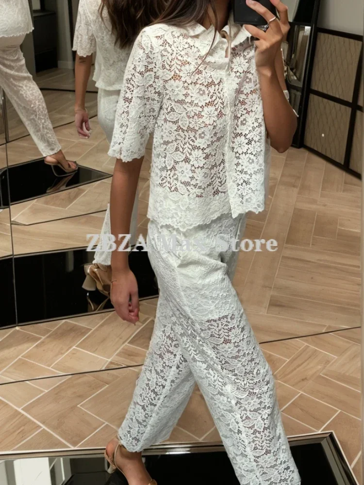 ZBZA Women\'s Lace Shirt Pants Suit Hollow Out Lapel Short Sleeves Top High Waist Zip Pockets Straight Leg Pant New Chic Lace Set