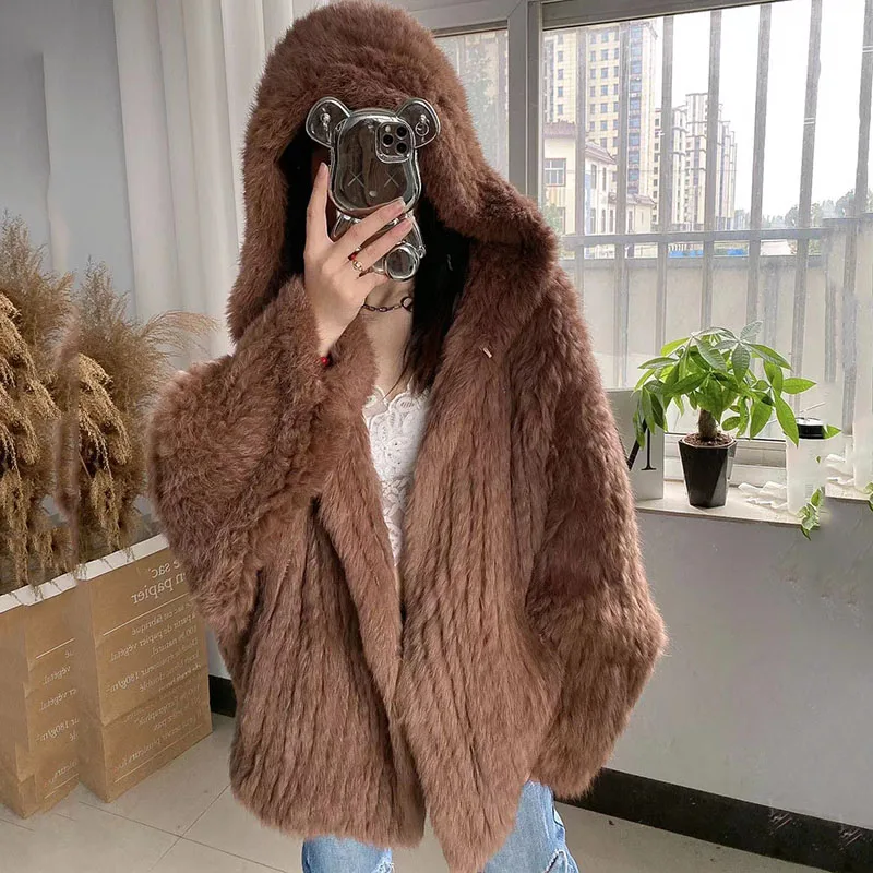 Women Hooded Loose Knitted Real Rabbit Fur coat Oversize Female Fashion Genuine Fur Jacket Ladies Spring Outwear With Hood