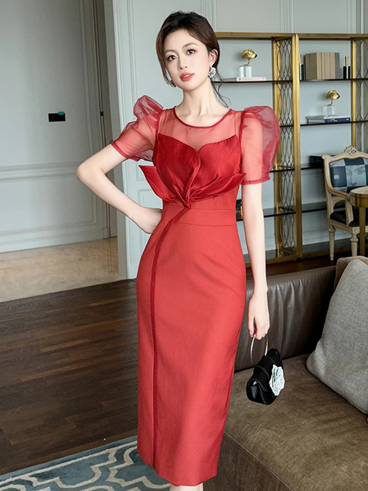 Vestidos de festa formais elegantes franceses para mulheres, requintado, socialite, pétala, malha transparente, manga bolha, midi, robe, data de casamento