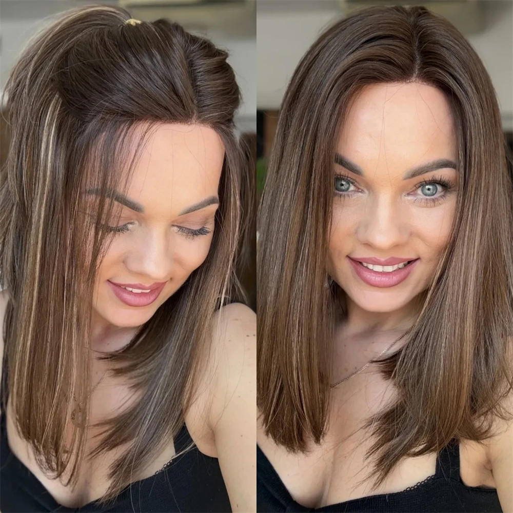 Soft Medium Brown with Hillights Color Ombre Synthetic Lace Front Wig Top Swiss HD Lace Wig for White Black Women Gleless Wig