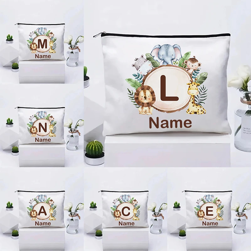 Bolsa de Maquillaje con Iniciales de Animales de la Selva, Neceser de Viaje para Cosméticos, Regalo de Cumpleaños para Damas de Honor con Nombre Personalizado