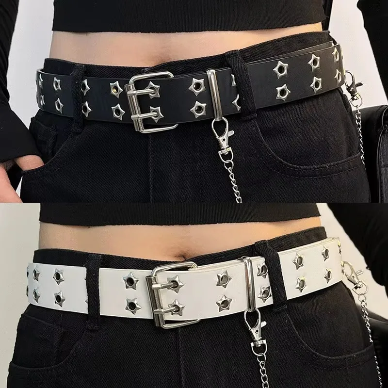 110cm cinto de cintura y2k punk rebite cintos de couro feminino estrela plutônio preto branco cinta de cintura dupla fileira oco para jeans saia decoração