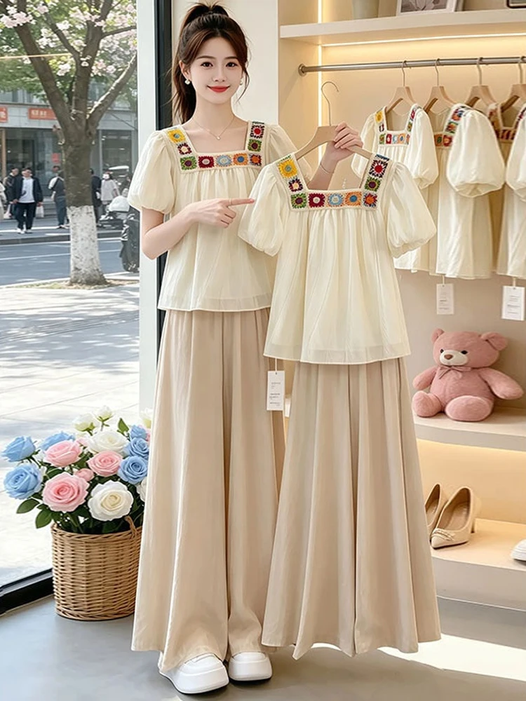 

Summer Korean Style Women's Fashion Set Embroidered Square Collar Wide Leg Pants Two-Piece Suit Casual Comfortable Breathable