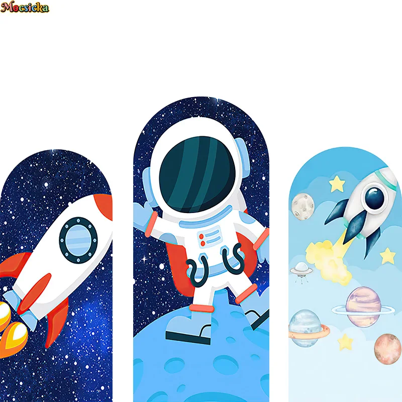 

Arched Photography Backdrop Happy Birthday Party Astronaut Rocket Starry Sky Background Kid Portrait Cake Smash Photo Prop