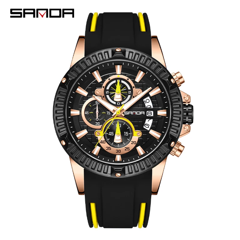 Fashion Sanda Top Brand Three Eyes Six Needles Men's Silicone Strap Waterproof Multifunctional Sports Quartz For Male Watches