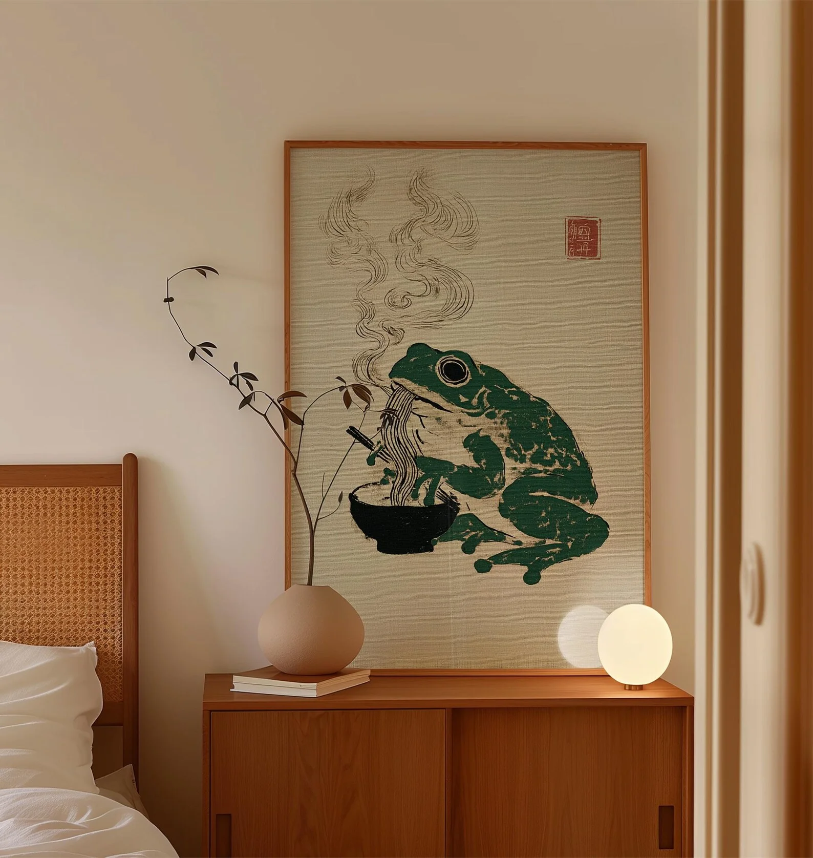 Frog Eating Ramen Print, Japanese Woodblock-Style Illustration