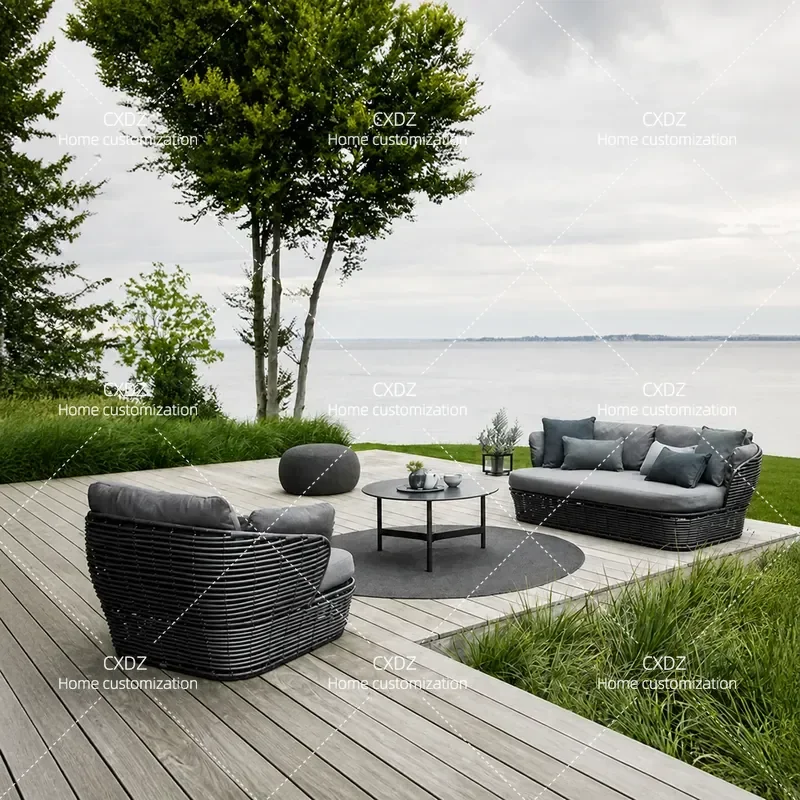 Outdoor Rattan Sofa Set Waterproof Sunproof Patio Furniture for Hotel Villa Garden Terrace Simple Wicker Couch and Chair