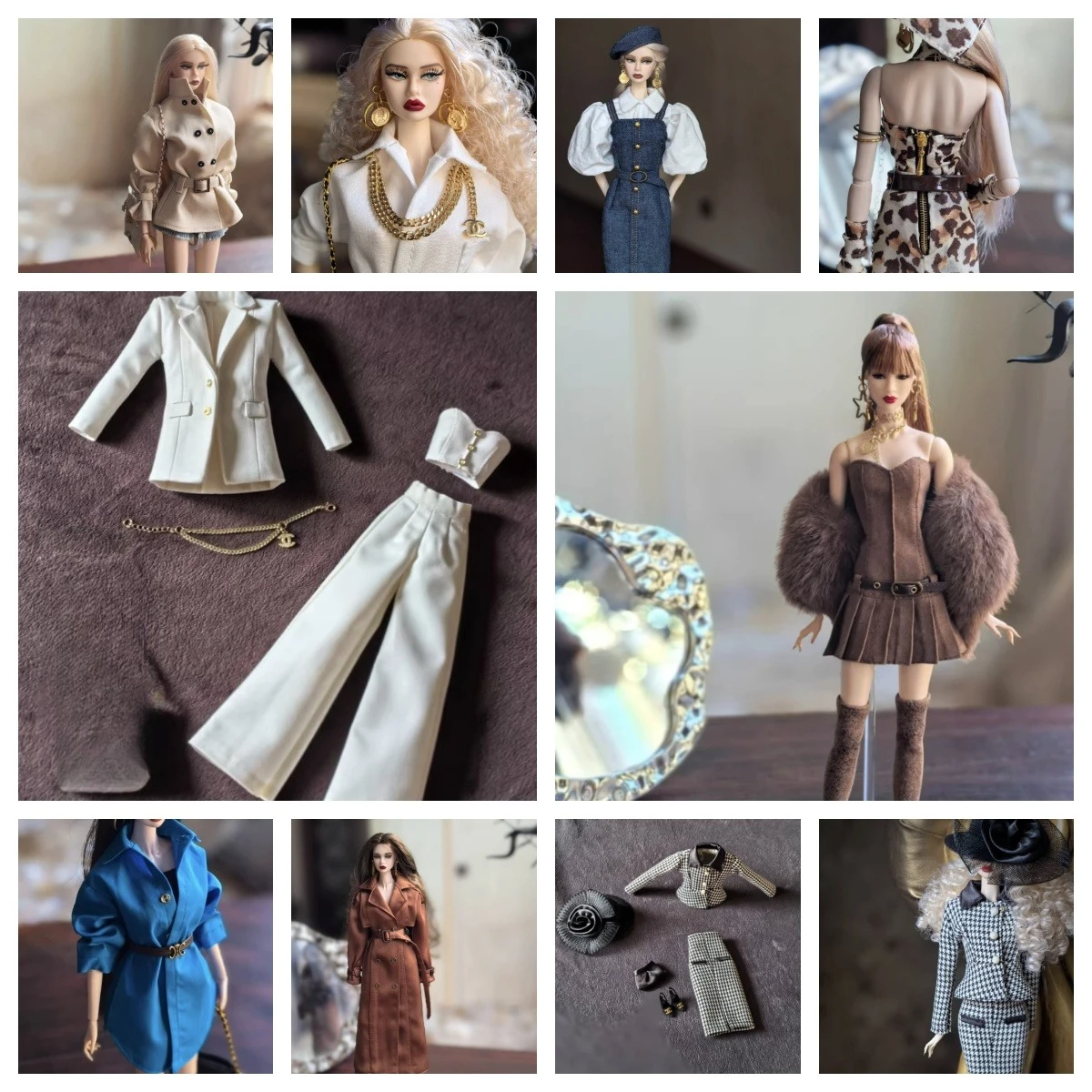 

Комплект одежды для куклы ручной работы 1/6: плащ, леопардовое платье и джинсовый наряд с сапогами, ремнями и украшениями для модной коллекции BJD