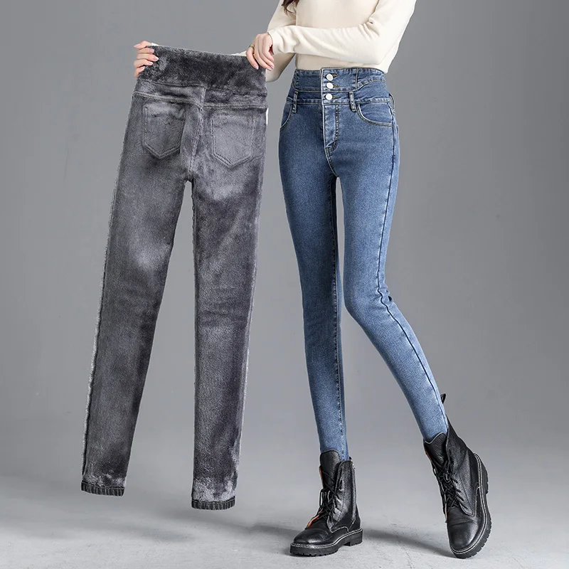 Pantalones vaqueros térmicos de lana gruesa para mujer, Jeans ajustados cálidos de cintura alta, pantalones de lápiz elásticos con botones, Jeans de terciopelo informales para mamá, Invierno