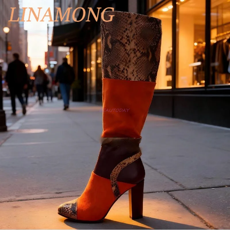 

Suede Snake Skin Color Blocked Long Tube Boots Fashionable Side Zipper Design and Square Heel Leather Patchwork High Heels