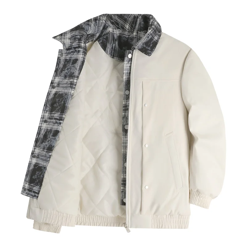 

Winter Men Jackets New Plaid Patchwork Turn Down Collar Male Coats Thicken Warm Long Sleeve Loose Man's Fake Two-piece Outerwear