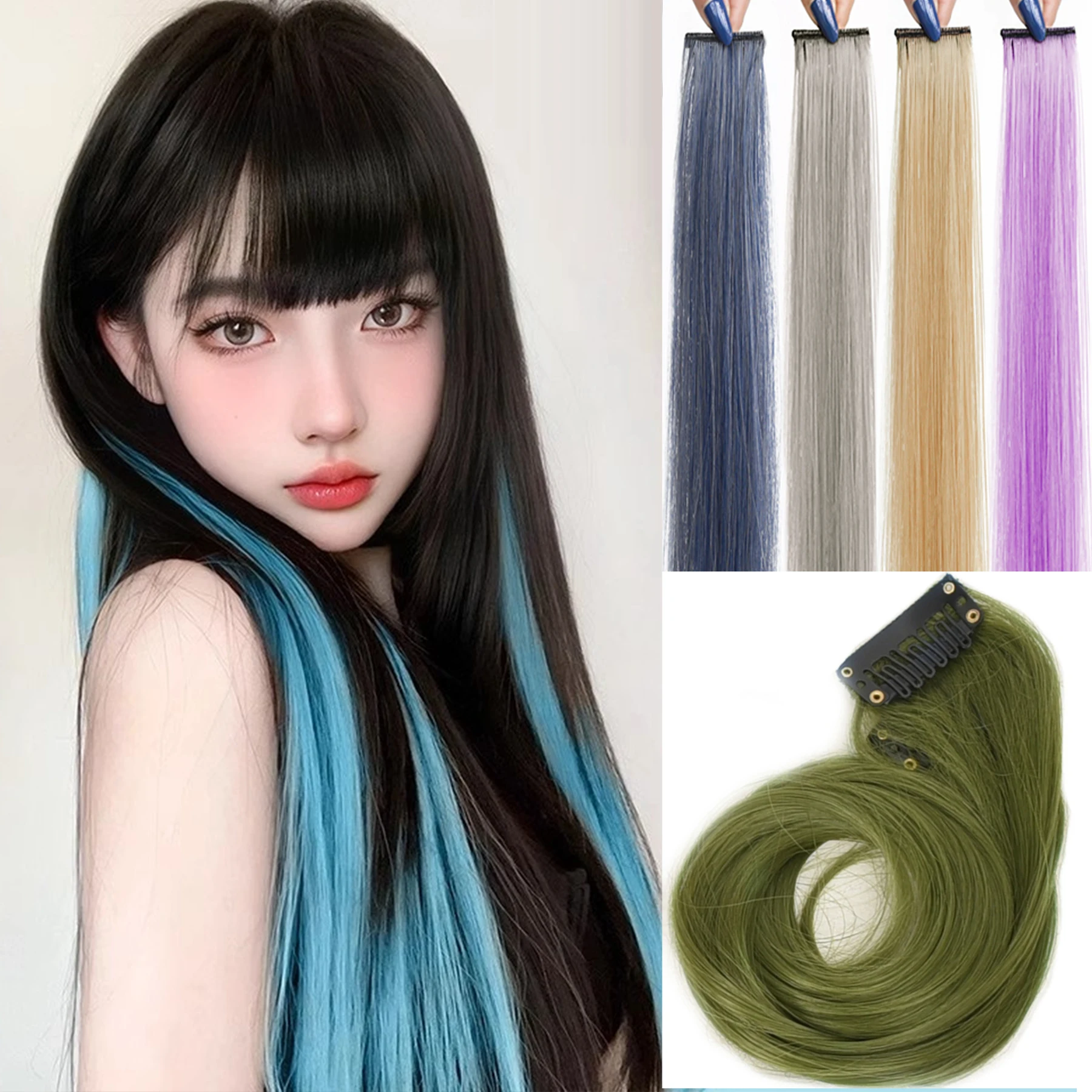 2pcs/pack Synthetic Colored Party Highlights Clip in Hair Extensions for Girls 24 inches Multi-colors Straight Hair Synthetic Ha