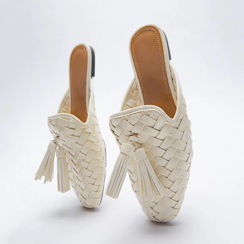 Square Toe Mules Women Summer Slippers Fringed Flat Shoes Woman Tassels Sandals Woven Comfortable White Beach Slides