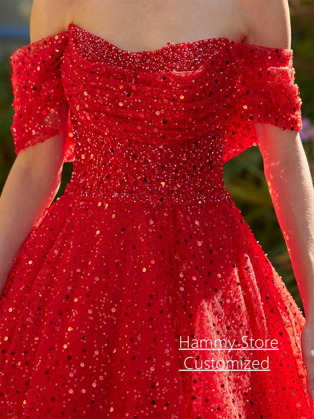 Vestido De noche rojo brillante personalizado con hombros descubiertos, cuello en V, cuentas, lentejuelas, cola De corte, vestido De fiesta De graduación