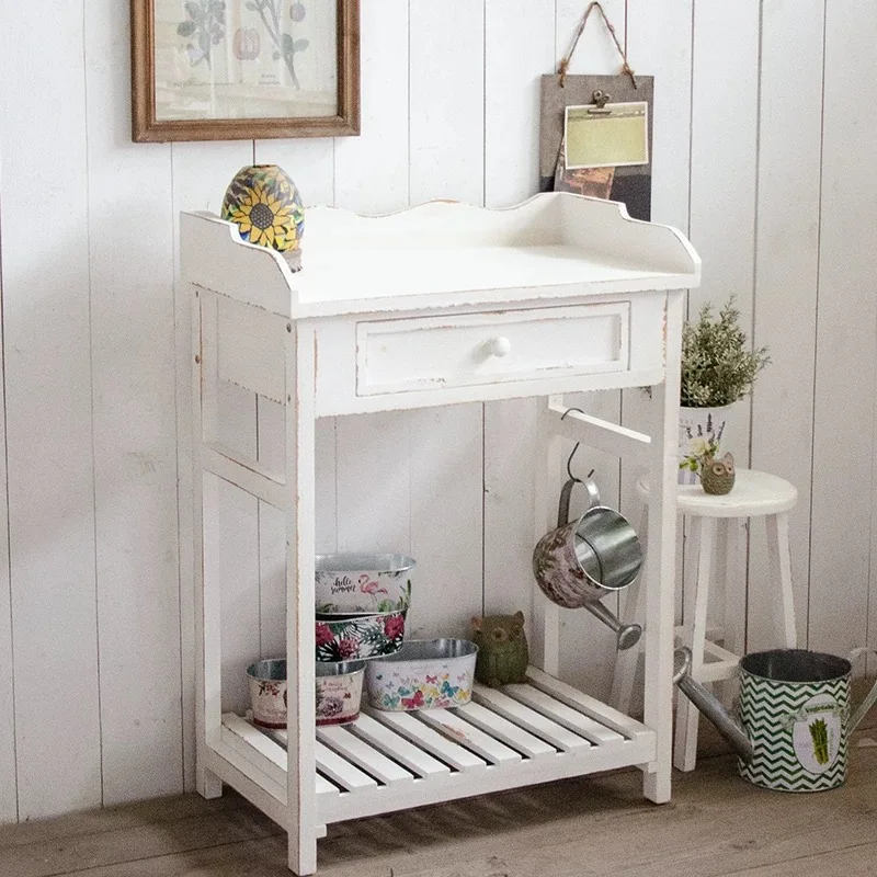Rustic White Console Table with Drawer, Distressed Fir Wood, 23.62x14.17x32.28 Inches, Vintage Farmhouse Style with Storage Shel