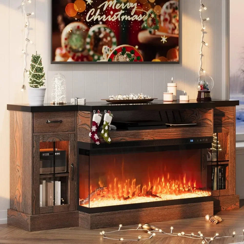 Fireplace TV Stand, Suitable for 80 Inch TVs, Fireplace Entertainment Center, with Adjustable Storage Cabinet, LED Lights