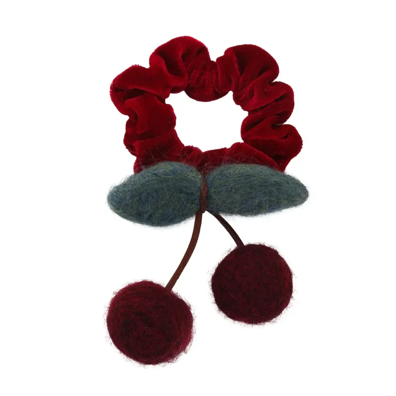 Cute Wool Felt Cherry Hair Scrunchies Red Velvet Headbands Girls Sweet Head Rope Women Ties Ponytail Rubber Band New Year\'s Gift