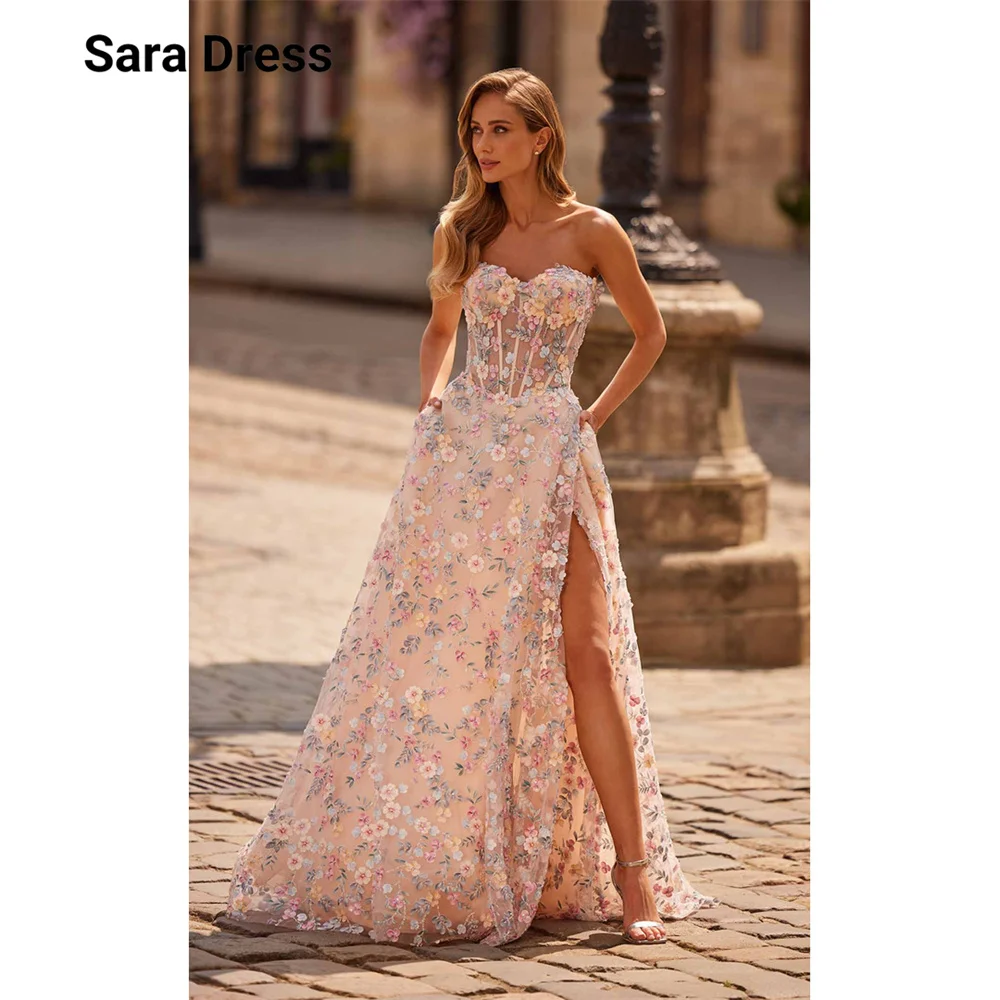 

Sara Custom Side Slit Floral Lace Sleeveless Floor Length Prom Dress 2026 Women's Evening Dresses Brands Amanda Novias Official