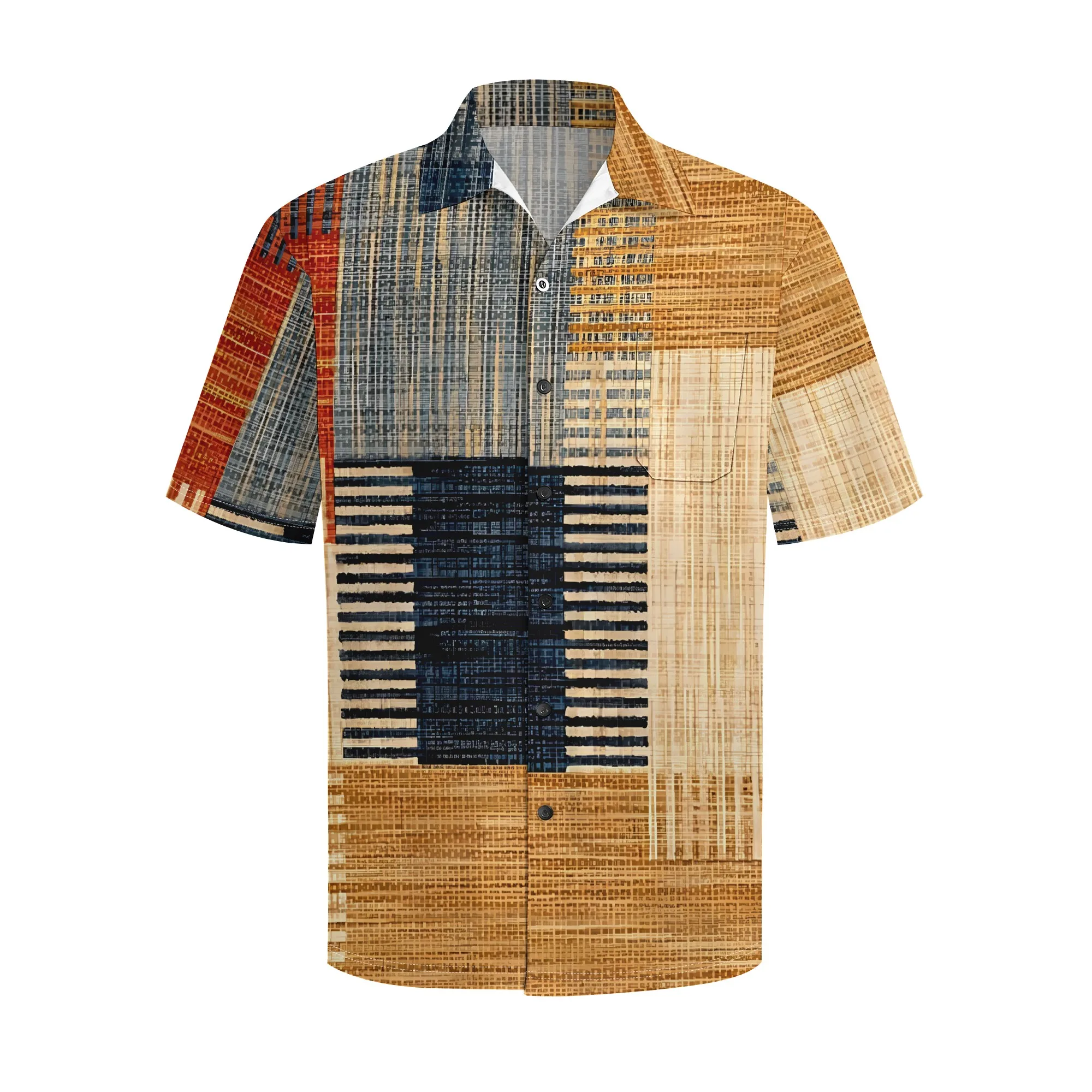 YEAE Vintage Woven Patchwork Print Shirt for Men Summer Casual Short Sleeve Top