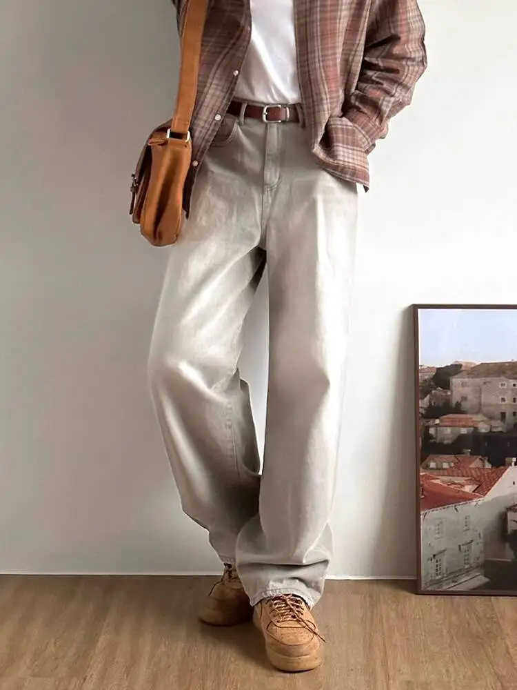 

SYUHGFA, новинка 2025, осенние мужские джинсы контрастного цвета, потертые, прямые свободные джинсовые брюки, универсальные винтажные мужские брюки