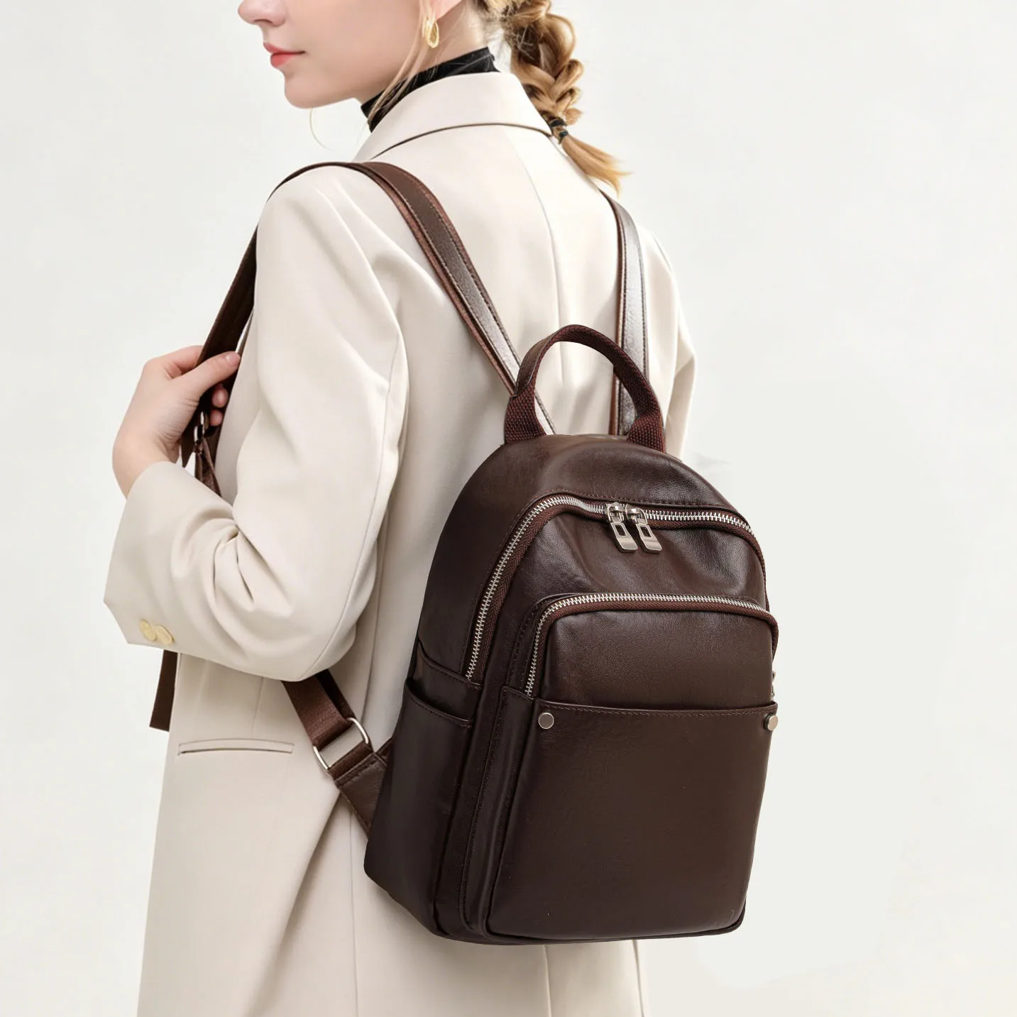 Aidrani Women Soft Cowhide Backpack, Multi‑Pocket Zipper Ladies Daypack,Convertible Shoulder Bag for Casual Daily Travel Outdoor
