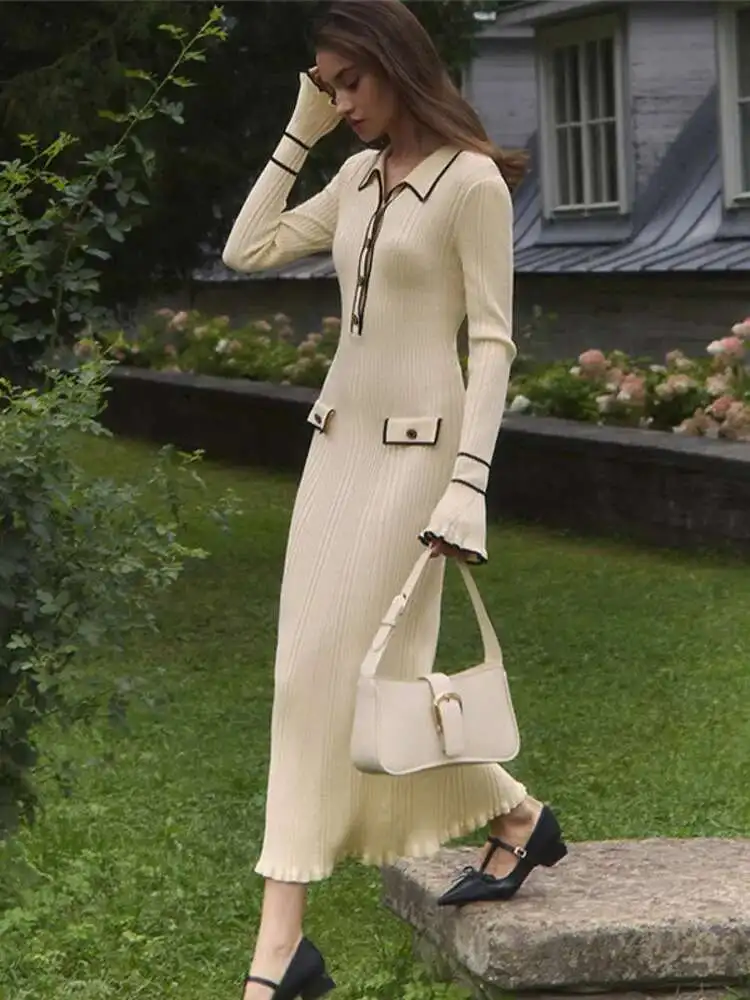 Elegancka marszczona dzianina damska 2025 Jesienna prążkowana kontrastowa sukienka z długim rękawem z klapami Kobieca sukienka damska Maxi