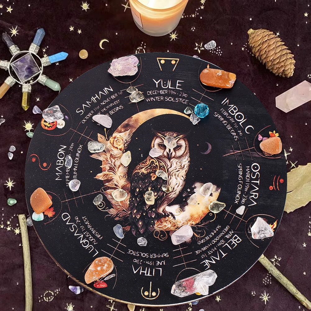 

Bent Moon Owl Wooden Decoration Plank Crystal Energy Stone Pendulum Plank Round Coaster Meditation Board Witch Altar Supplies