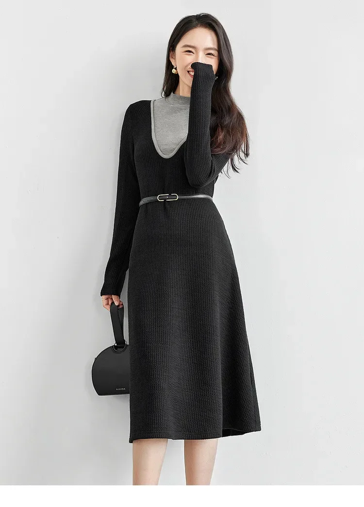 SENTUBILA Patchwork A-line Dresses Women 2024 Autumn Winter Spliced Knite Half High Neck Commute Long Dress with Belt 144L57334