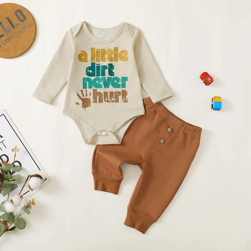 Baby Boys 2PCS Outfit Sets Long Sleeve Letter Palm Letter Tractor Print Romper Solid Color Pants