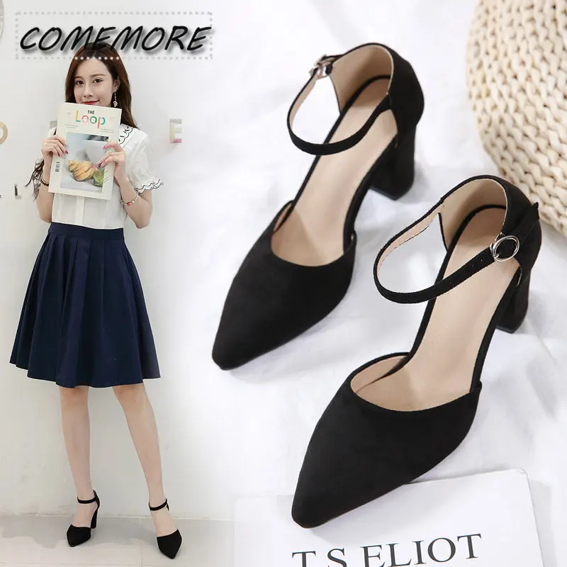 Women Classic High Quality Square Heels Shoes for Office Ladies Black Flock Party Heel Pumps Designer Luxury Summer New Footwear