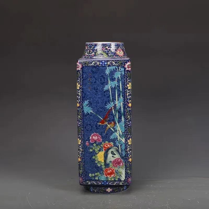 Chinese Blue Enamel Porcelain Vase Qing Qianlong Flowers Birds Design 11.4 inch