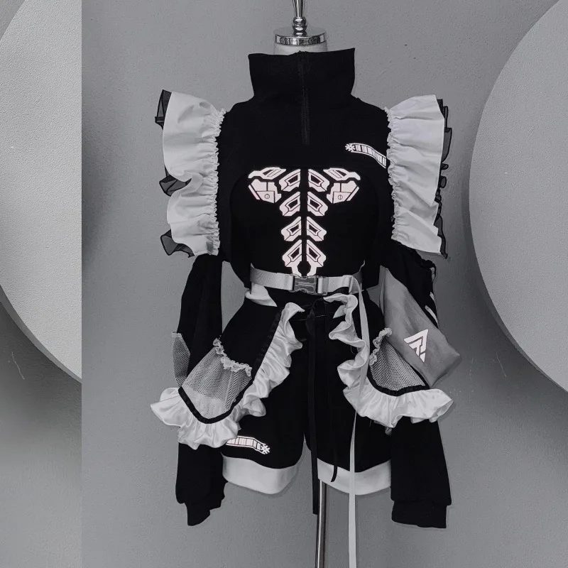 

Unique Design Japanese Style New Casual Top Coat Camisoles Short Pants Suit Light Mechanical Black And White Color 3-Piece Sets