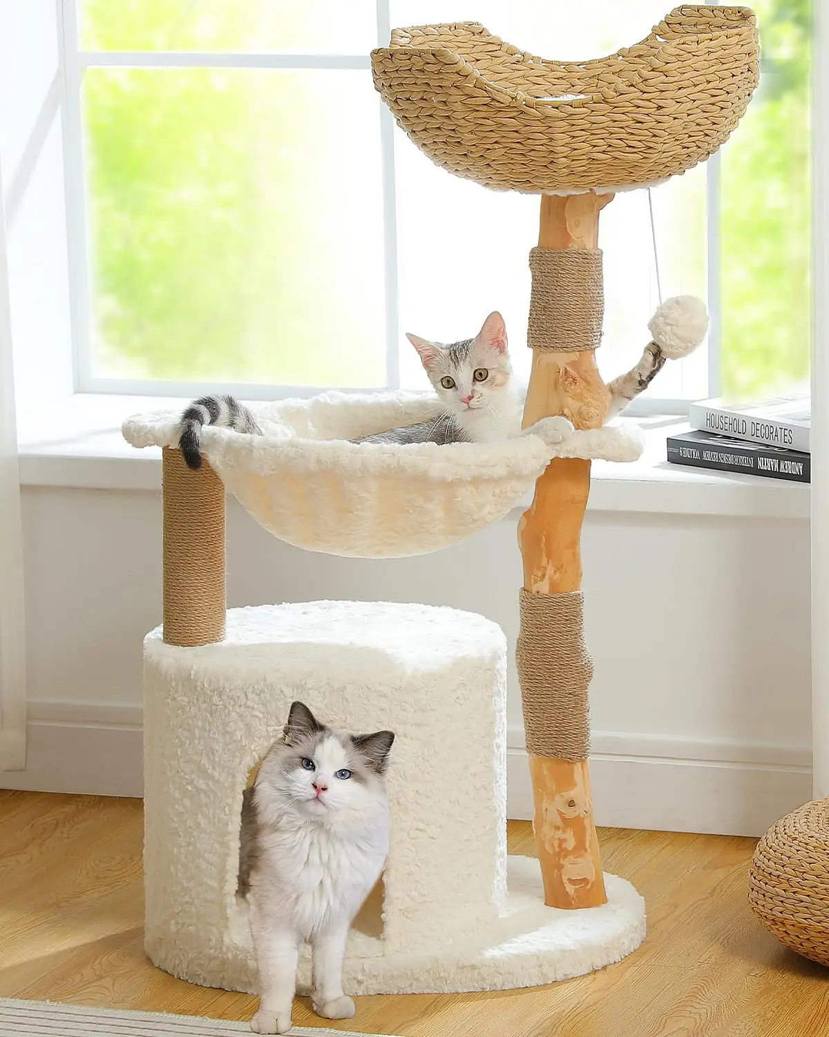 

Modern Large Cat Tree Wood Tower Indoor Super Large Condo Hammock Scratching Post Top Basket White, Customized