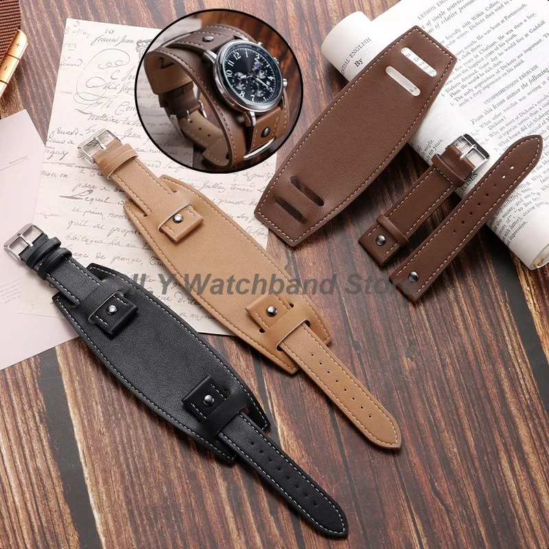 Leather Watchband 20mm 22mm 24mm Strap With Mat Bund Strap Retro Style Design Black Brown Men Women Bracelet for Omega for Seiko