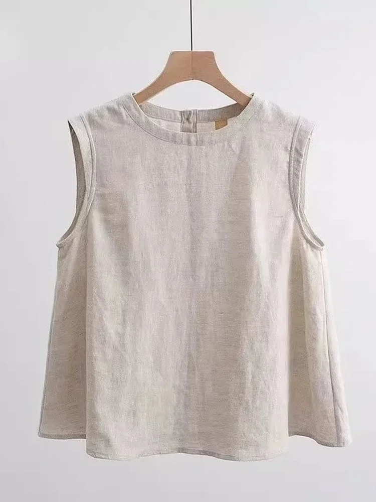 

Plus Size Loose Cotton Linen Vest Women Summer Sleeveless Round Neck Casual Top Versatile Outerwear
