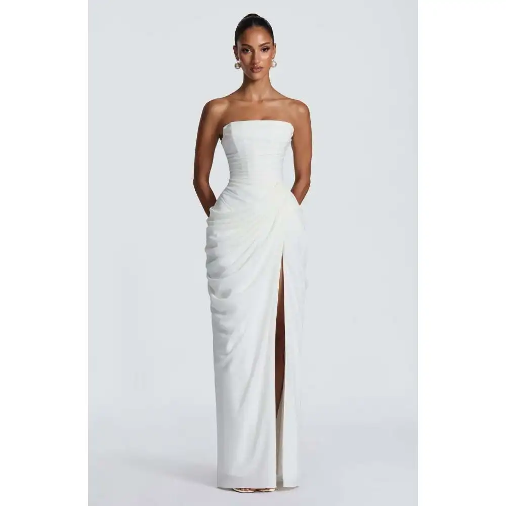 2026 new strapless evening dress women's long pleated slit sexy party dress European and American style view 2