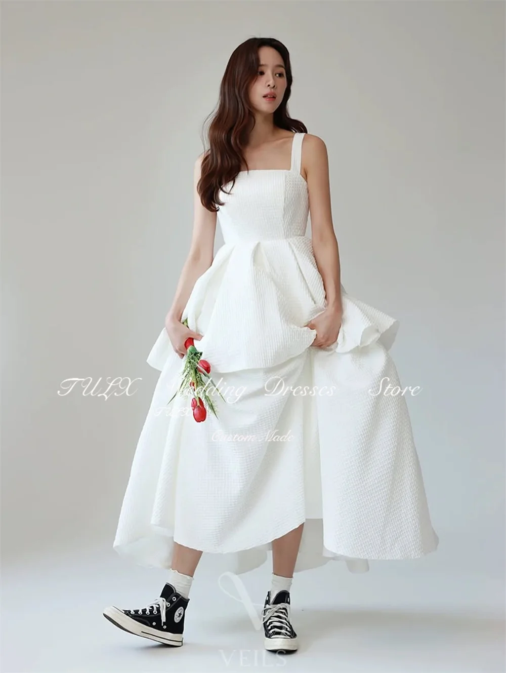 TULX – robe de mariée gaufrée ivoire, séance Photo coréenne, col carré, bretelles, ligne A, longue, Corset personnalisé, 2026