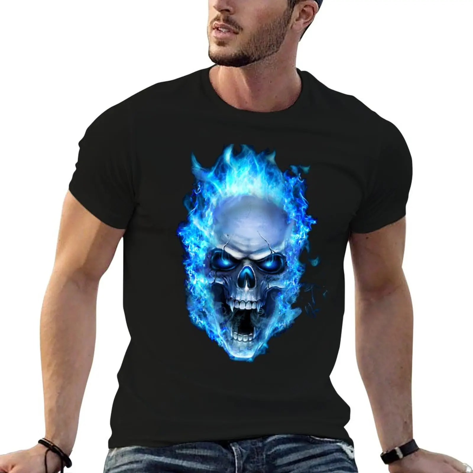 Flaming Blue Skull Cool Graphic T-Shirt Short sleeve tee new gifts and t-shirts Men's t-shirts