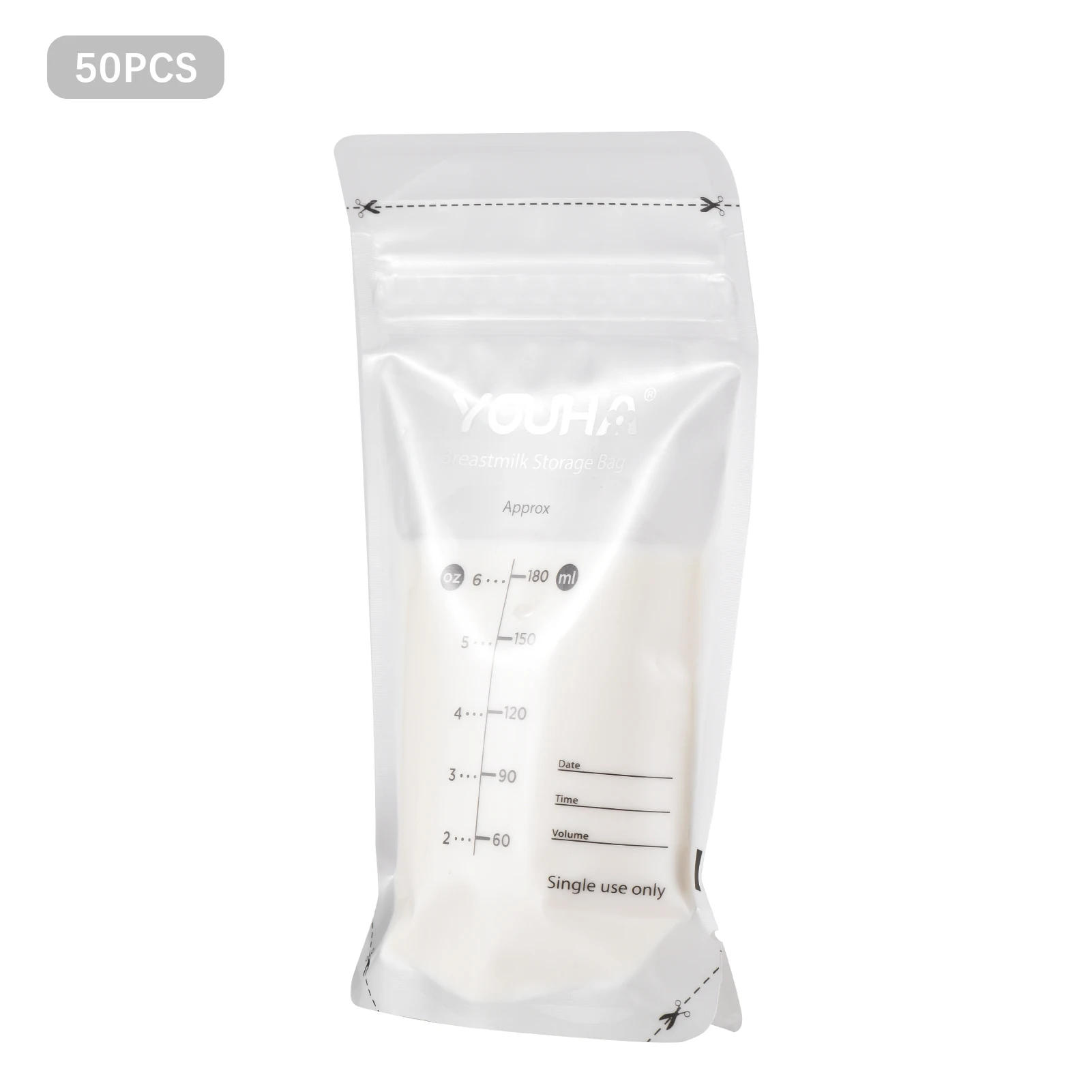 YOUHA Breastmilk Storage Bags Milk Storing Bags for Breastfeeding 180ml/6oz Capacity Pre-Sterilized BPA Free Double Zipper Seal