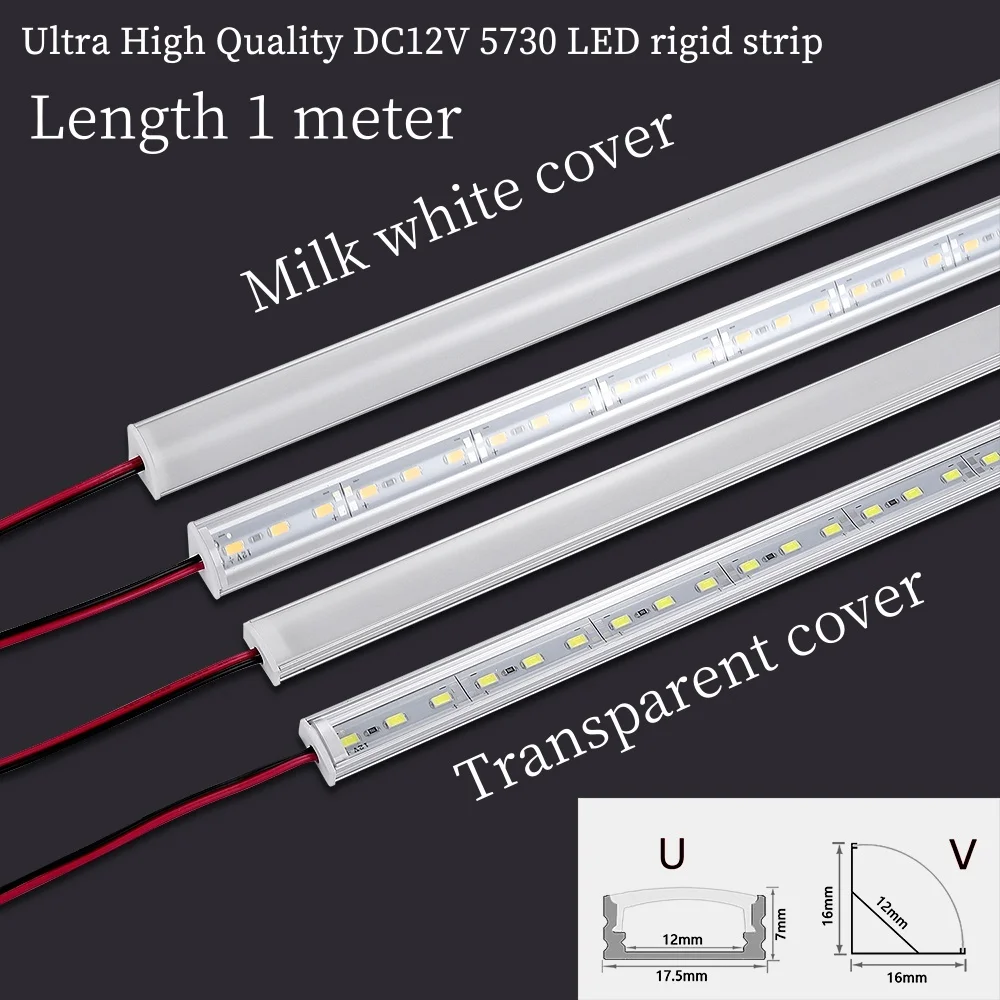 10-50Pcs/lot 1m 16W Strip Aluminum Profile for SMD5730 5630 72LEDs 12VDC LED Cabinet Bar Light Flat V/U Profile LED Hard Strip